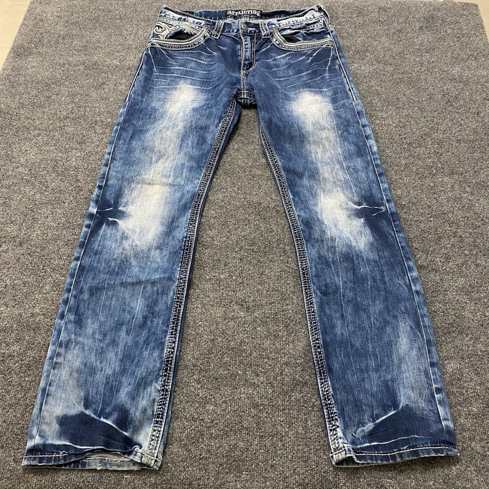 Affliction Jake Jeans Mens 34x34 Faded Whiskered Thick Stitch Flap Pocket